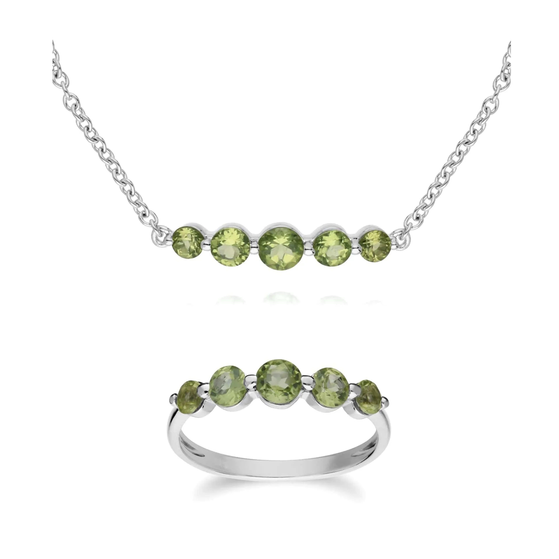 Classic Round Peridot Five Stone Bracelet & Ring Set in 925 Sterling Silver sold by Gemondo Jewellery