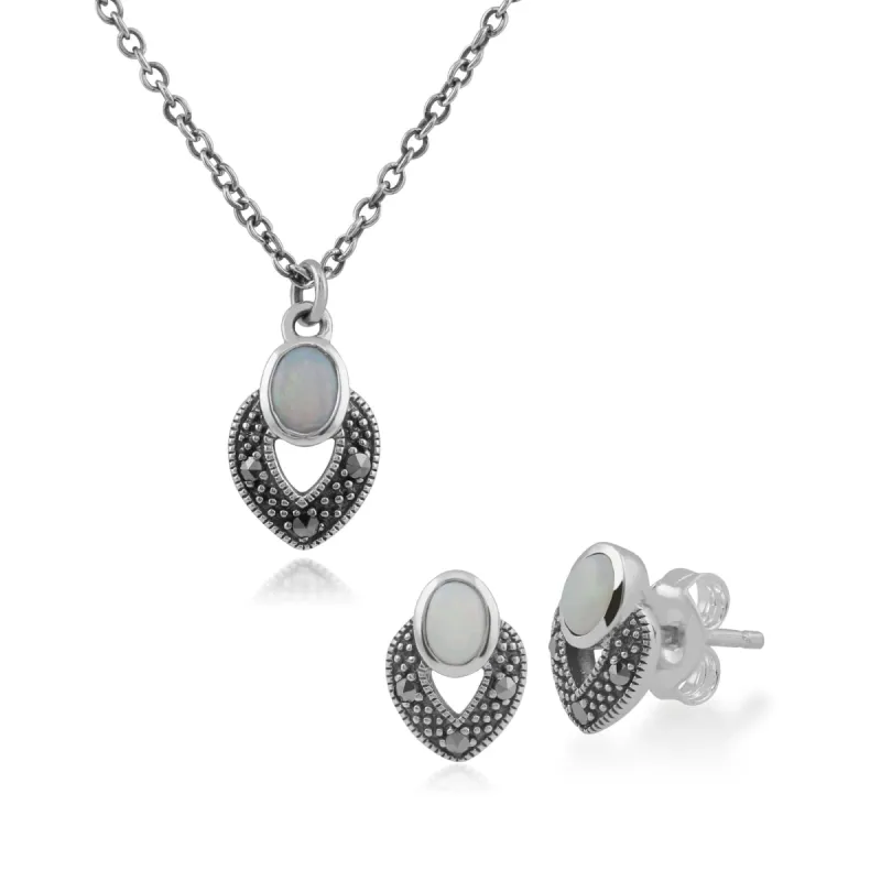 Art Deco Style Oval Opal & Marcasite Stud Earrings & Pendant Set in 925 Sterling Silver sold by Gemondo Jewellery
