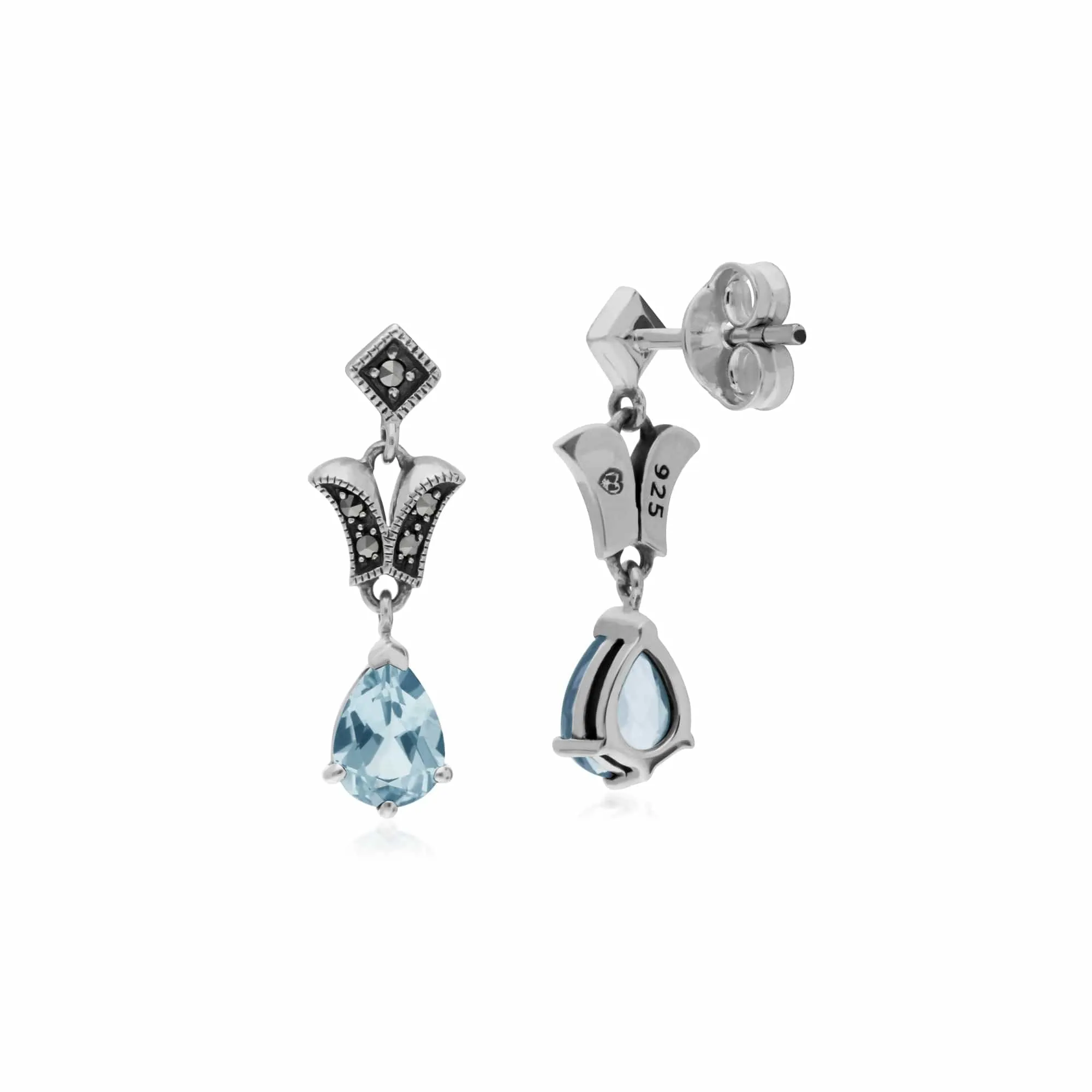 Art Nouveau Style Pear Blue Topaz & Marcasite Drop Earrings in 925 Sterling Silver sold by Gemondo Jewellery product image thumbnail 2