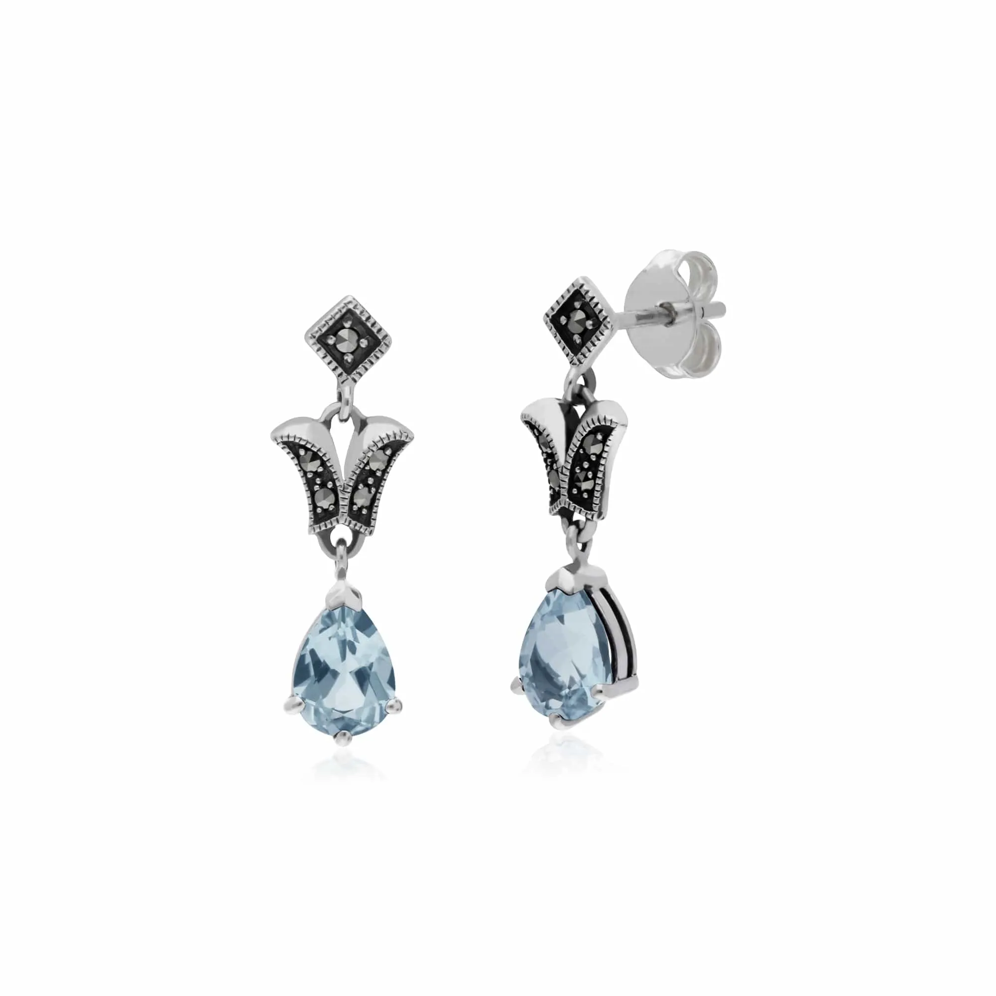 Art Nouveau Style Pear Blue Topaz & Marcasite Drop Earrings in 925 Sterling Silver sold by Gemondo Jewellery