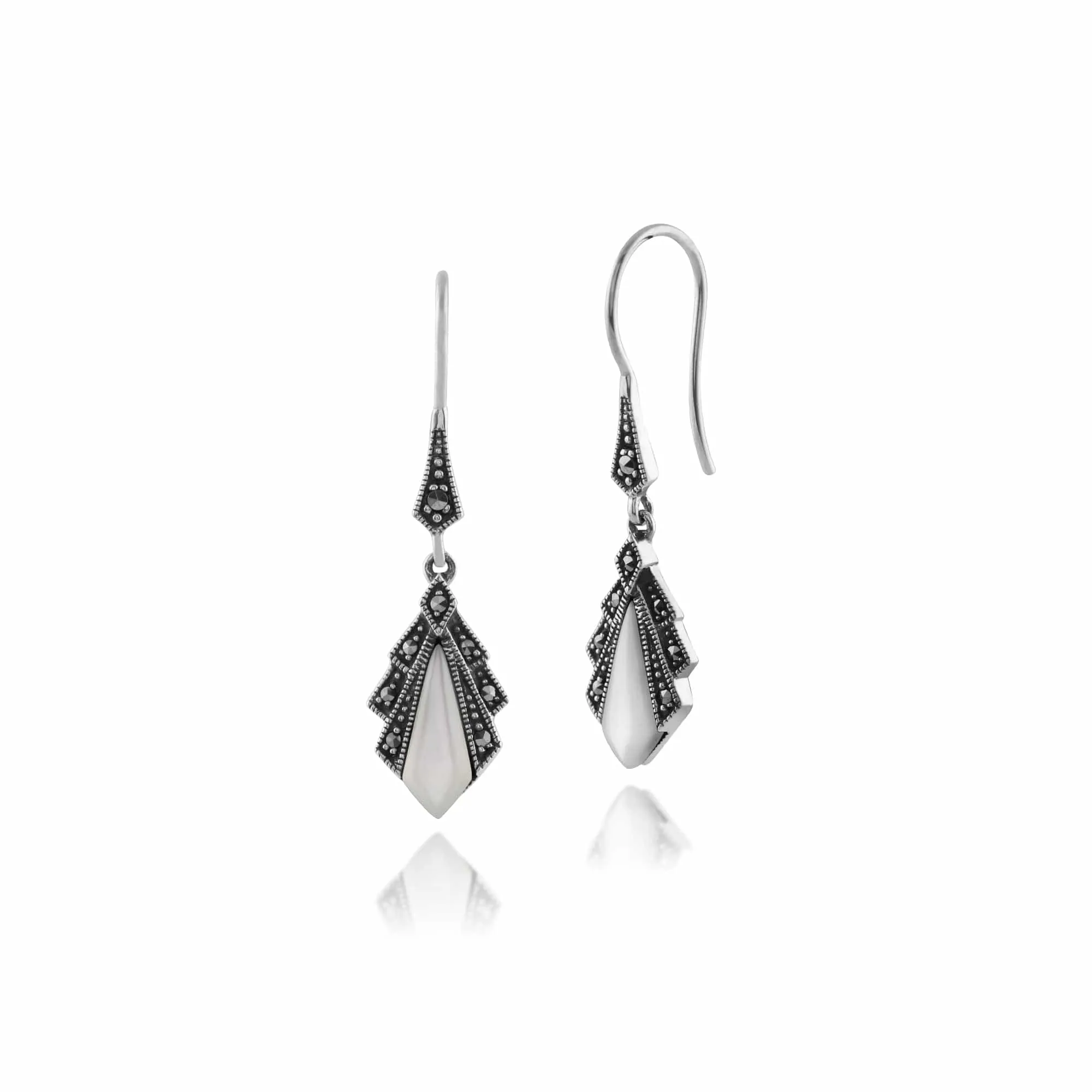 Art Deco Style Diamond Mother of Pearl & Marcasite Drop Earrings in 925 Sterling Silver sold by Gemondo Jewellery