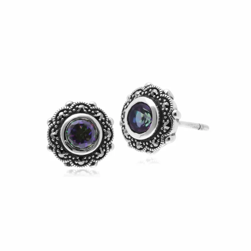 Sterling Silver Mystic Green Topaz & Marcasite Art Nouveau Stud Floral Earrings sold by Gemondo Jewellery