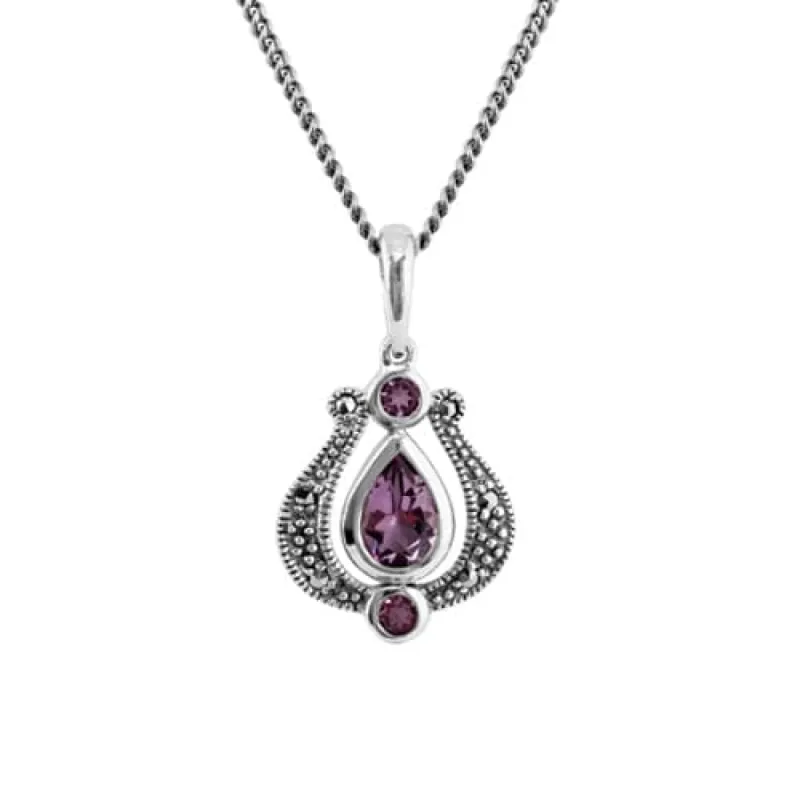 Art Nouveau Style Pear Amethyst & Marcasite Pendant in 925 Sterling Silver sold by Gemondo Jewellery