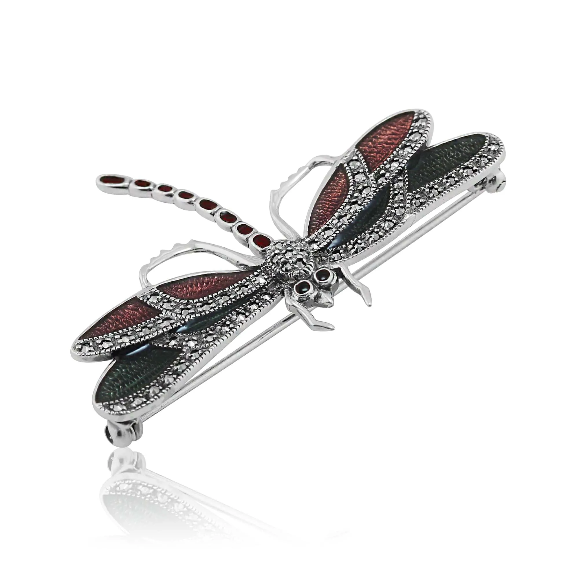 Art Nouveau Style Round Marcasite & Enamel Dragonfly Brooch in 925 Sterling Silver sold by Gemondo Jewellery product image thumbnail 2