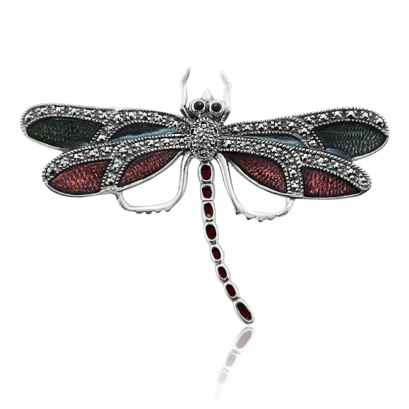 Art Nouveau Style Round Marcasite & Enamel Dragonfly Brooch in 925 Sterling Silver sold by Gemondo Jewellery