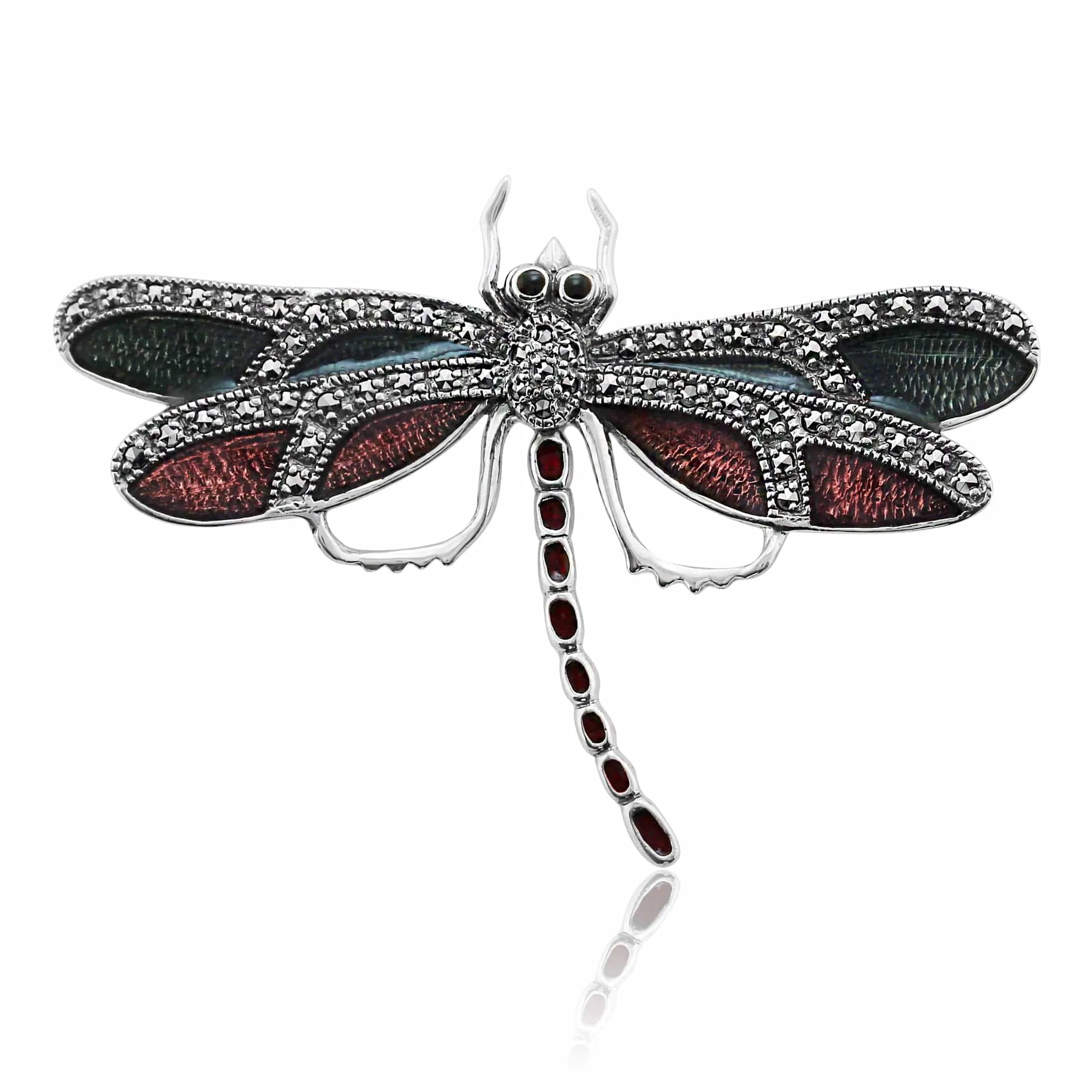 Art Nouveau Style Round Marcasite & Enamel Dragonfly Brooch in 925 Sterling Silver sold by Gemondo Jewellery