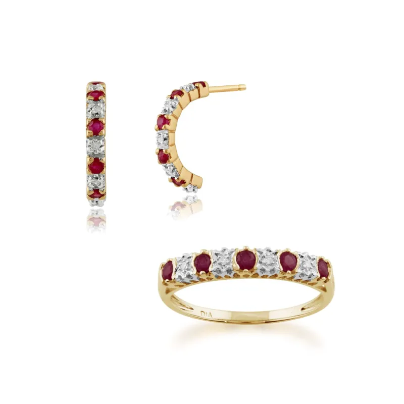 Classic Round Ruby & Diamond Half Hoop Earrings & Half Eternity Ring Set in 9ct Yellow Gold sold by Gemondo Jewellery