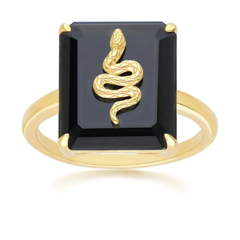 Grand Deco Black Onyx Snake Ring in Gold Plated Sterling Silver sold by Gemondo Jewellery
