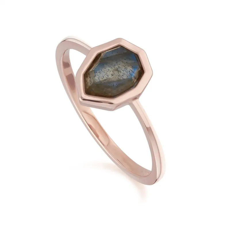 Irregular B Gem Labradorite Ring in Rose Gold Plated Sterling Silver sold by Gemondo Jewellery