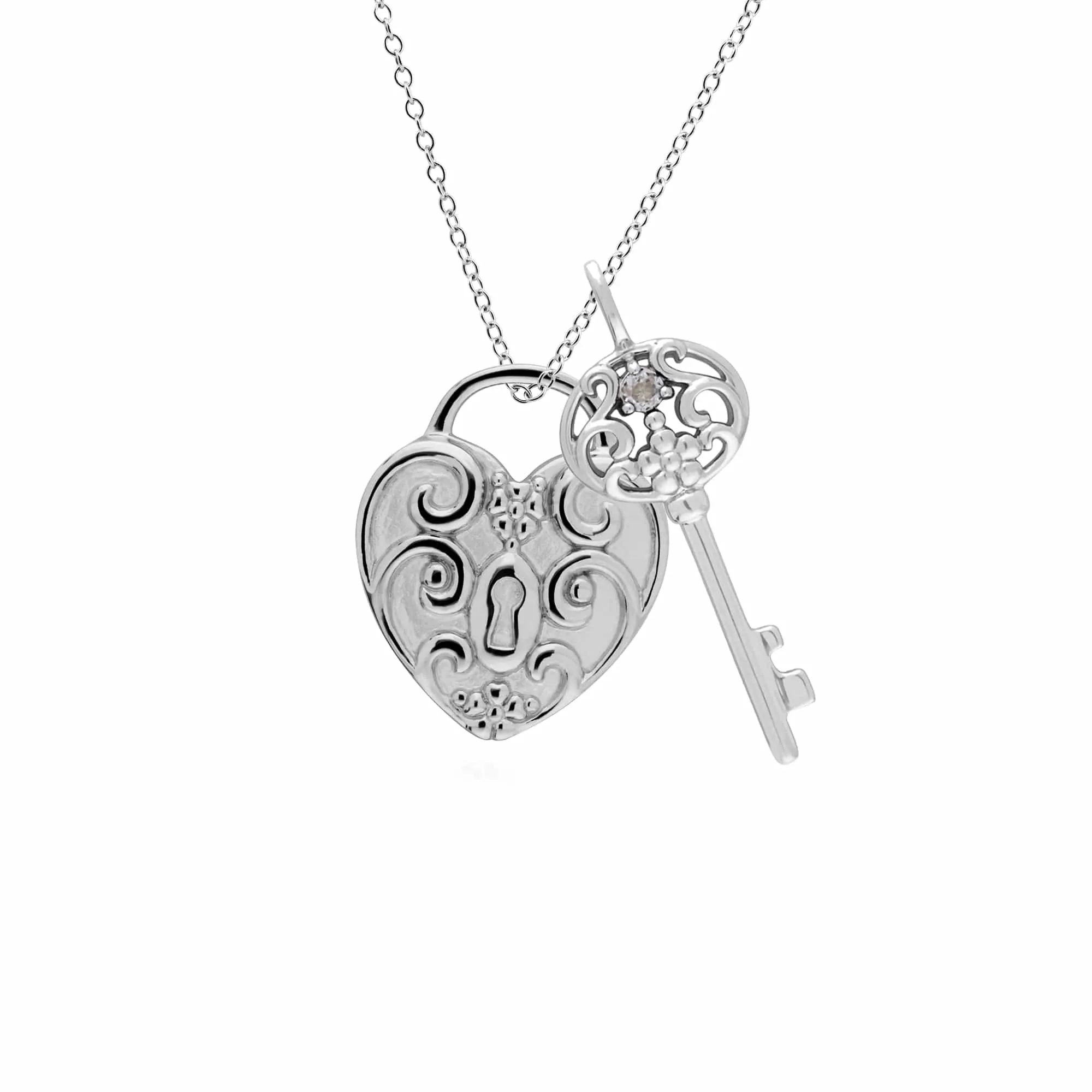 Classic Swirl Heart Lock Pendant & Clear Topaz Big Key Charm in 925 Sterling Silver sold by Gemondo Jewellery