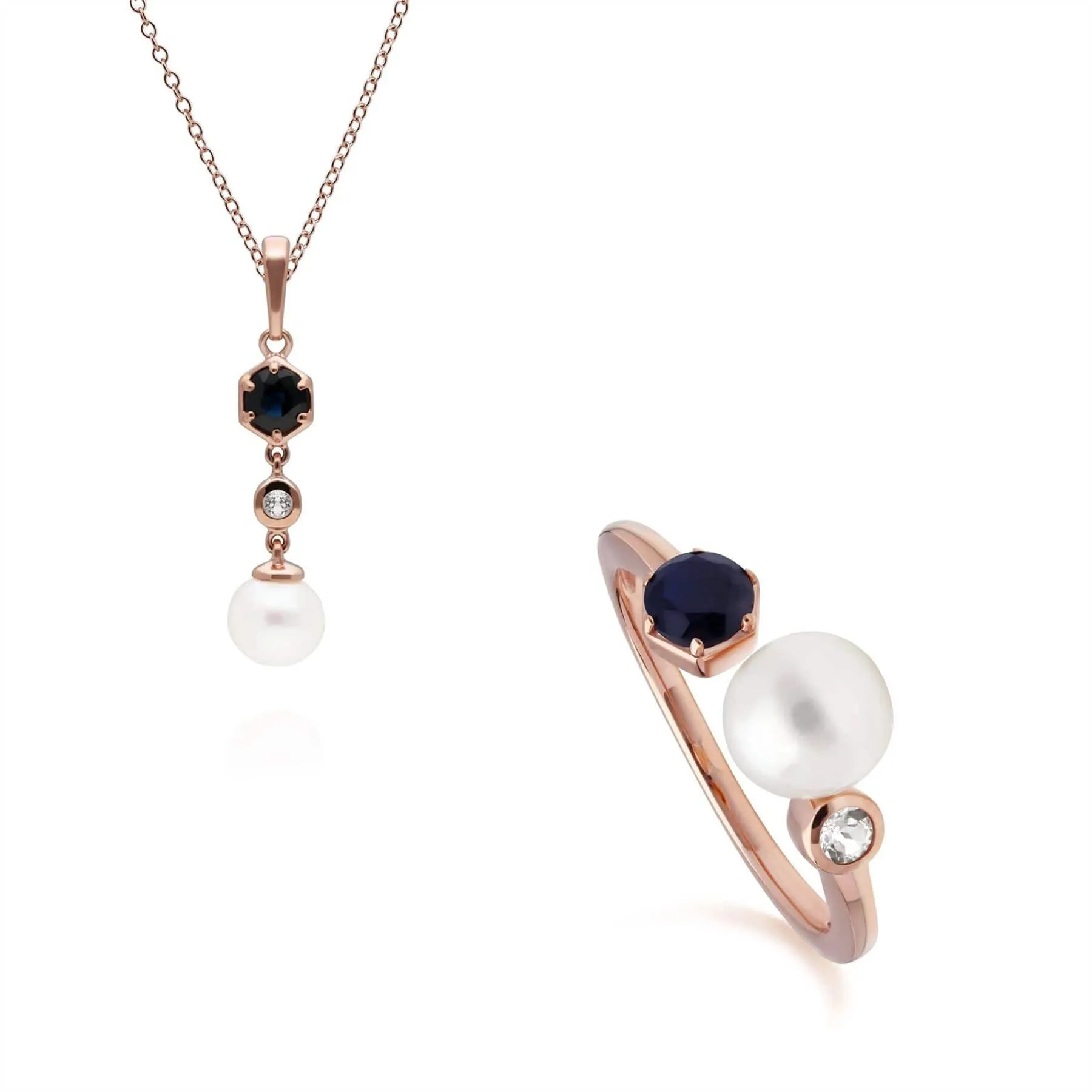 Modern Pearl, Sapphire & Topaz Ring & Pendant Rose Gold Plated Set sold by Gemondo Jewellery