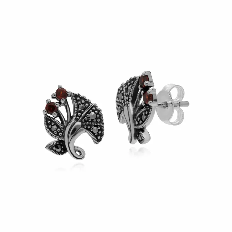 Gemondo Sterling Silver Garnet & Marcasite January Art Nouveau Stud Earrings sold by Gemondo Jewellery