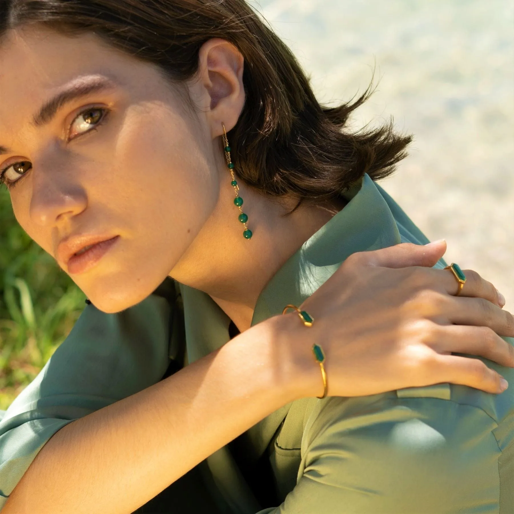 Geometric Malachite Open Bangle in Gold Plated Silver sold by Gemondo Jewellery product image thumbnail 4