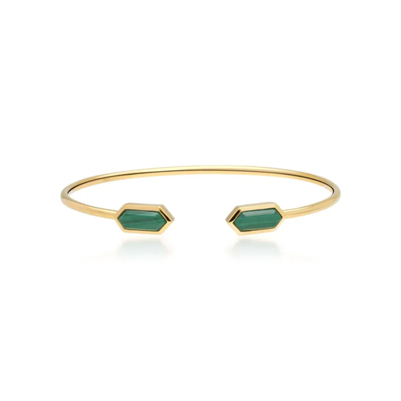 Geometric Malachite Open Bangle in Gold Plated Silver sold by Gemondo Jewellery