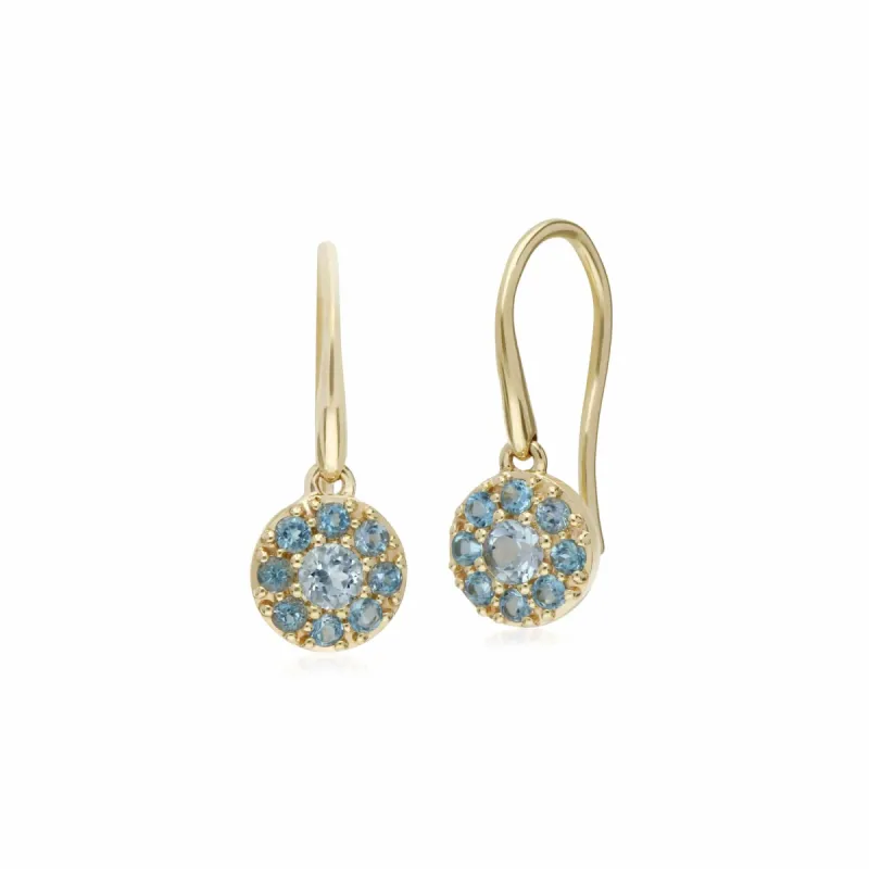 Cluster Round Blue Topaz Circle Fish Hook Drop Earrings in 9ct Yellow Gold sold by Gemondo Jewellery