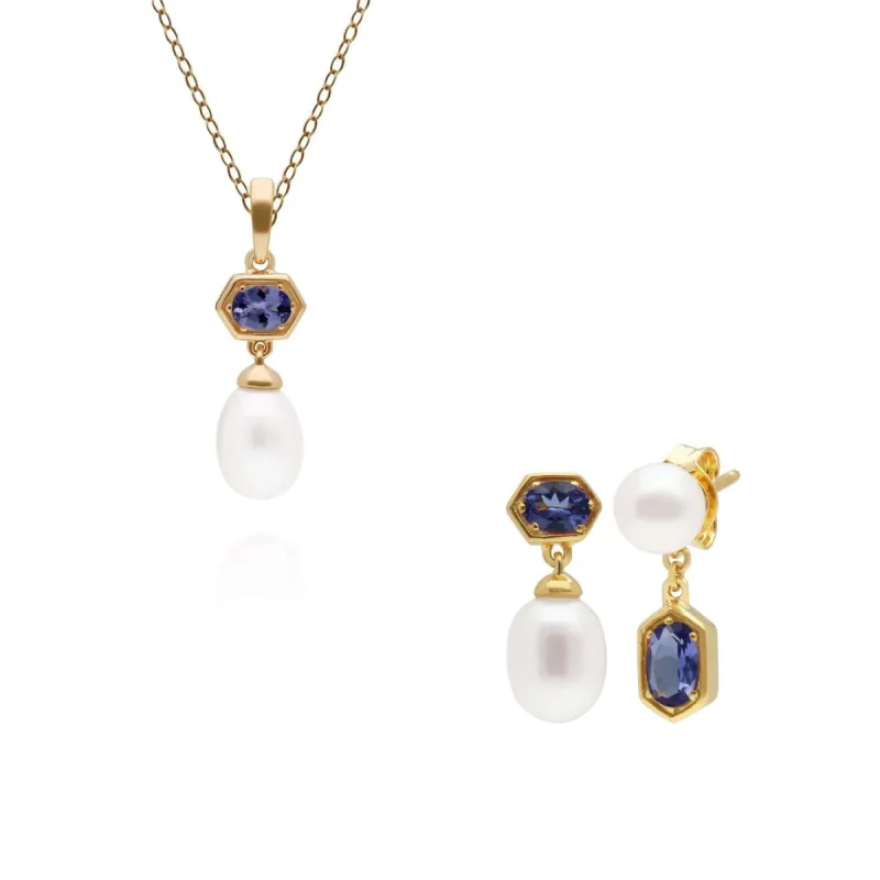Modern Pearl & Tanzanite Pendant & Earring Set in Gold Plated Silver sold by Gemondo Jewellery