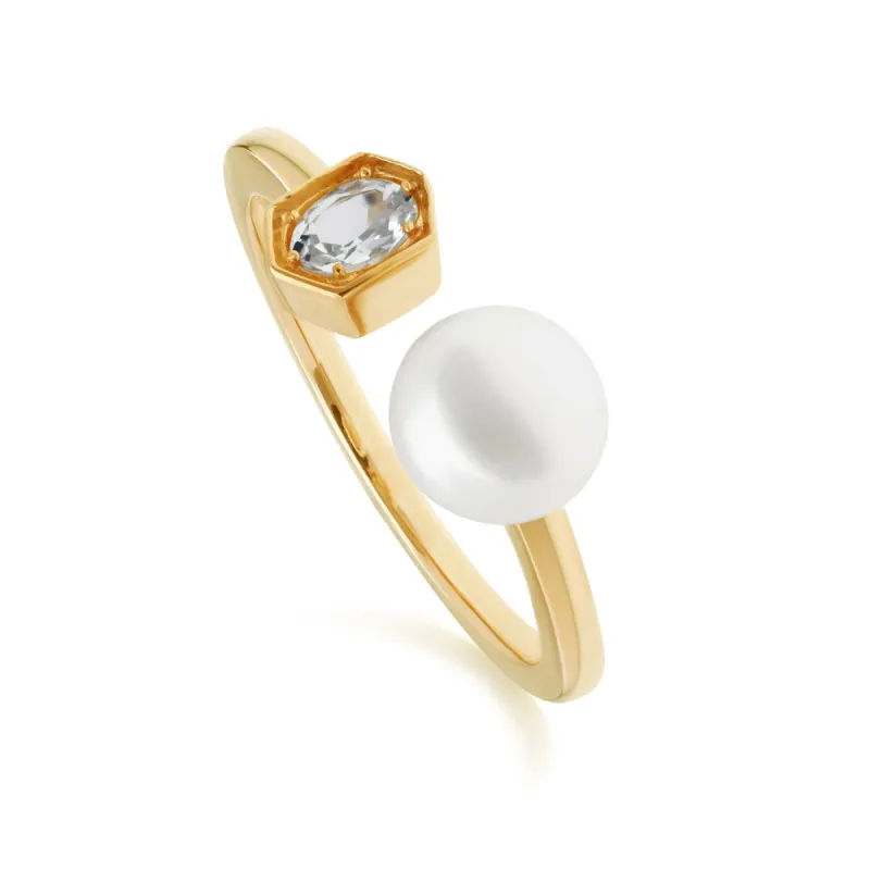 Modern Pearl & Aquamarine Open Ring in Gold Plated Silver sold by Gemondo Jewellery