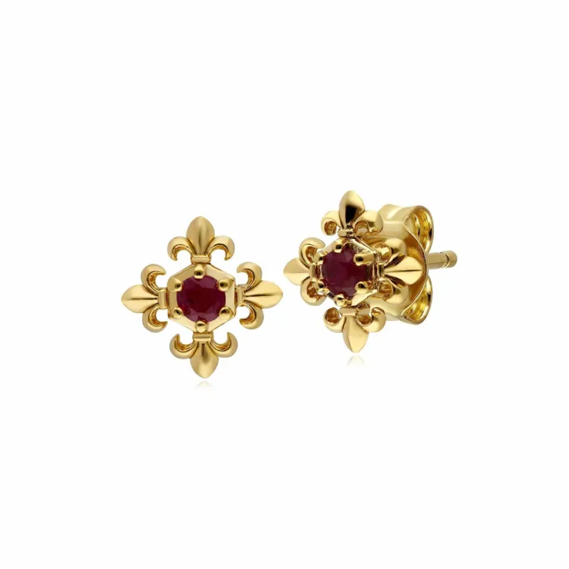 ECFEW™ Ruby Fleur De Lis Stud Earrings In 9ct Yellow Gold sold by Gemondo Jewellery