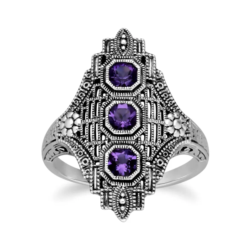 Art Nouveau Style Octagon Amethyst Three Stone Filigree Statement Ring in 925 Sterling Silver sold by Gemondo Jewellery
