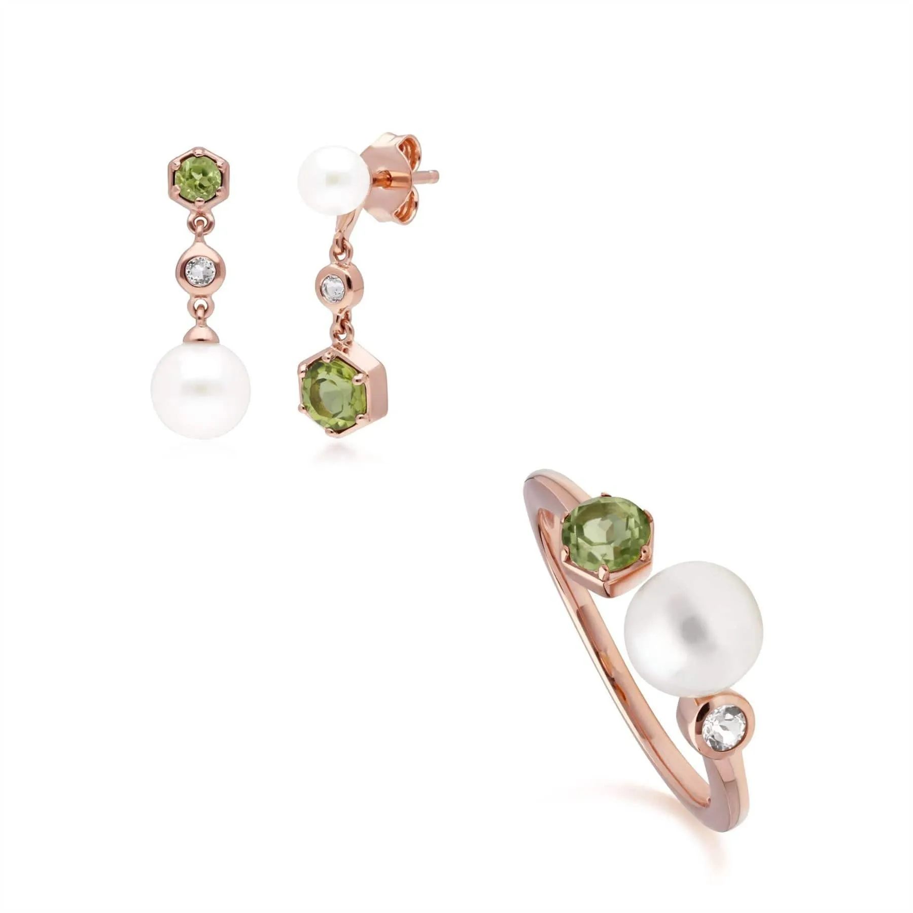 Modern Pearl, Peridot & Topaz Earring & Ring Set in Rose Gold Plated Silver sold by Gemondo Jewellery