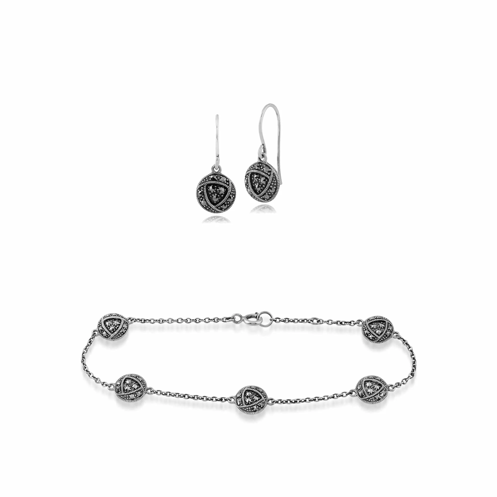 Rennie Mackintosh Inspired Round Marcasite Glasgow Rose Drop Earrings & Bracelet Set in 925 Sterling Silver sold by Gemondo Jewellery