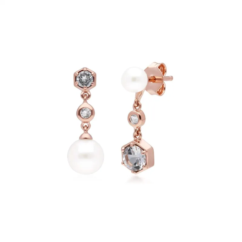 Modern Pearl, White Topaz Mismatched Drop Earrings in Rose Gold Plated Silver sold by Gemondo Jewellery
