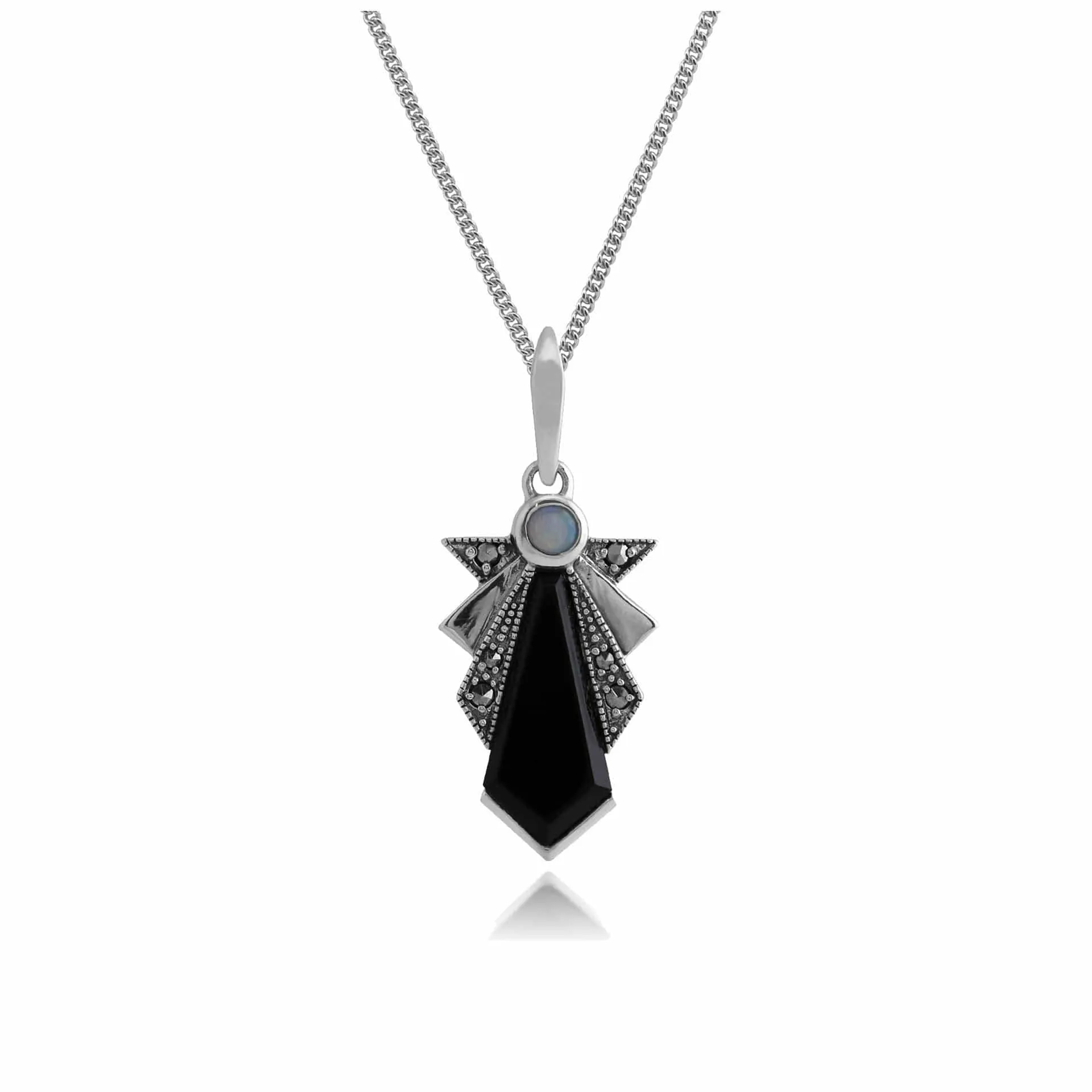 Sterling Silver Art Deco Black Onyx, Opal & Marcasite Pendant on 45cm Chain sold by Gemondo Jewellery