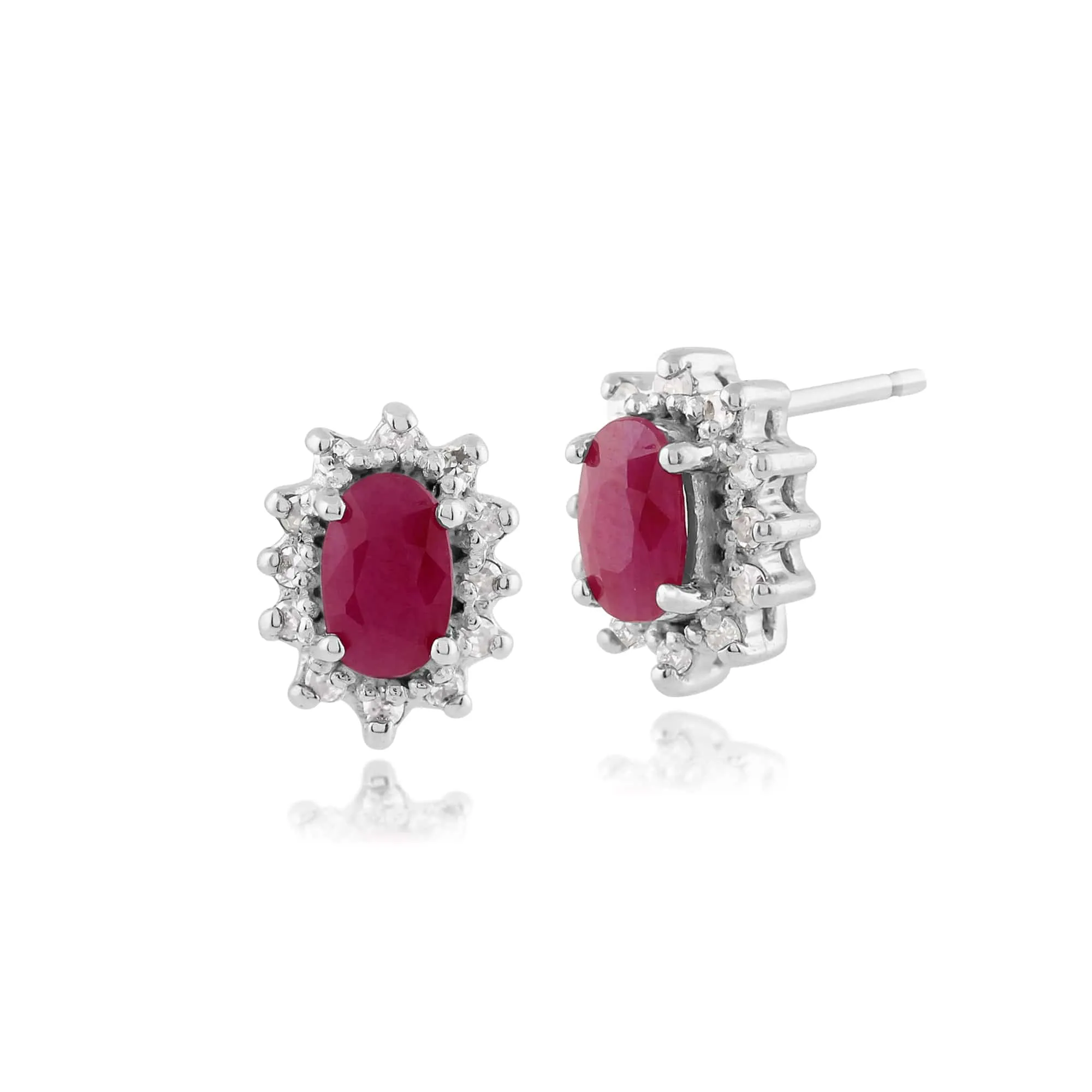 Classic Oval Ruby & Diamond Cluster Stud Earrings in 9ct White Gold 5x3mm sold by Gemondo Jewellery