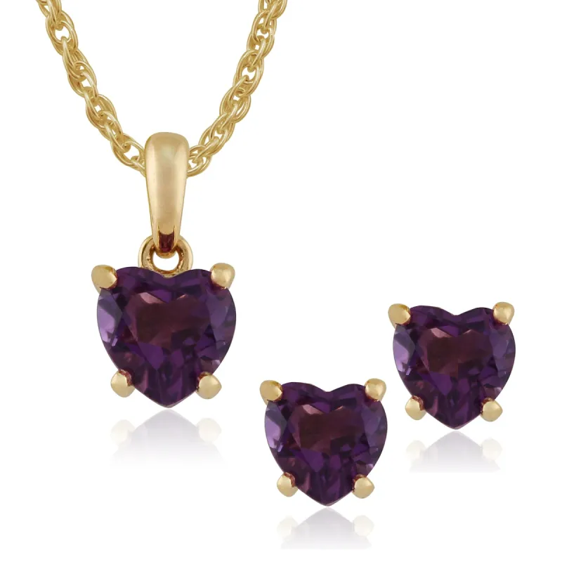 Classic Heart Amethyst Single Stone Love Heart Stud Earrings & pendant Set in 9ct Yellow Gold sold by Gemondo Jewellery