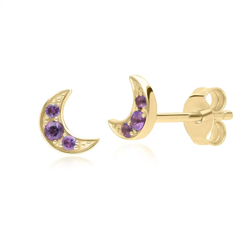 Night Sky Amethyst Moon Stud Earrings in 9ct Yellow Gold sold by Gemondo Jewellery