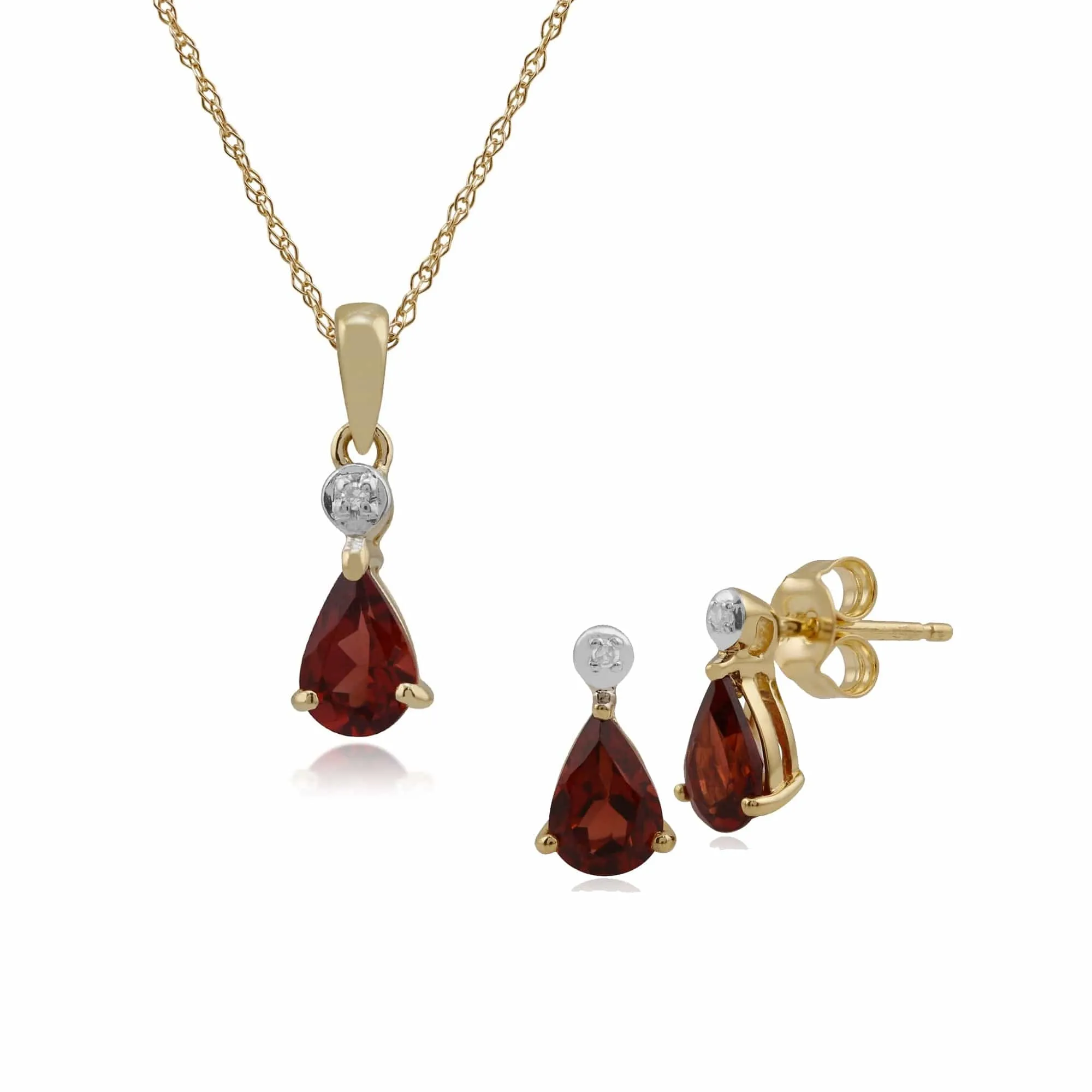 Classic Pear Garnet & Diamond Stud Earrings & Pendant Set in 9ct Yellow Gold sold by Gemondo Jewellery