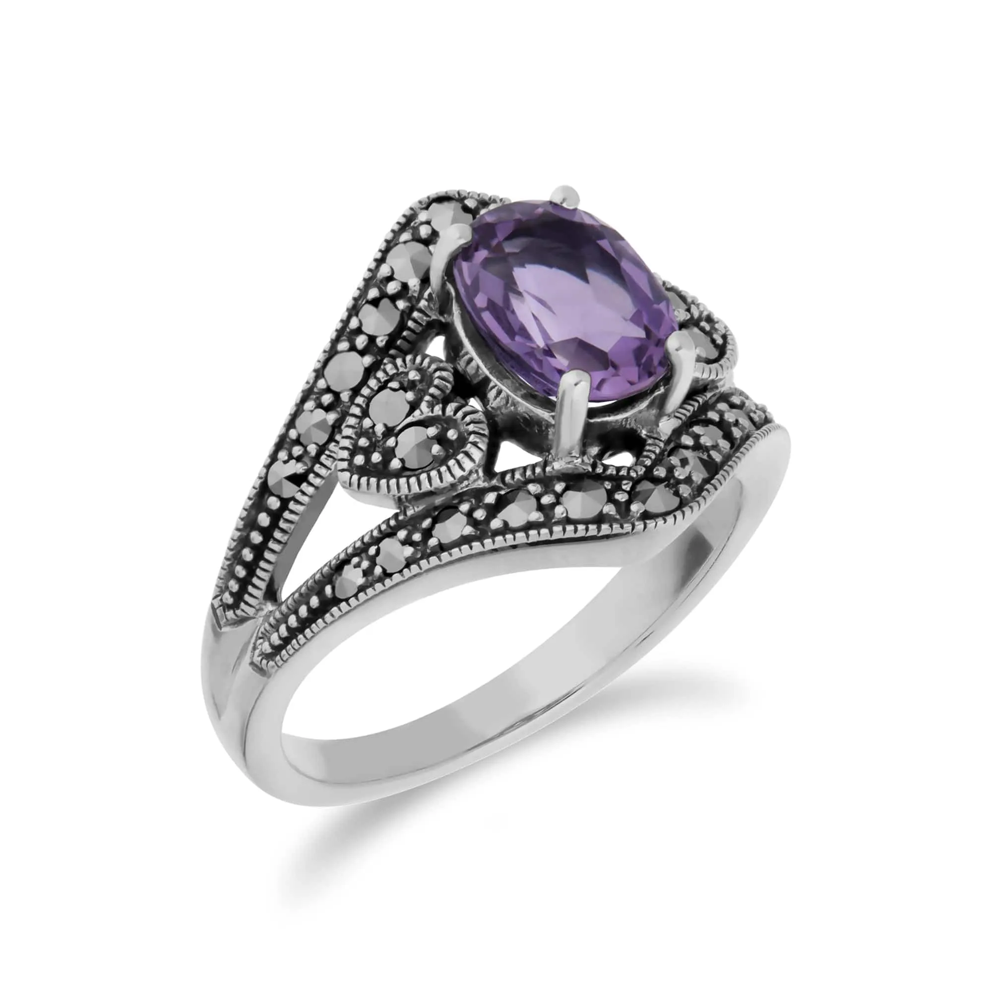 Art Deco Style Oval Amethyst & Marcasite in 925 Sterling Silver sold by Gemondo Jewellery product image thumbnail 2
