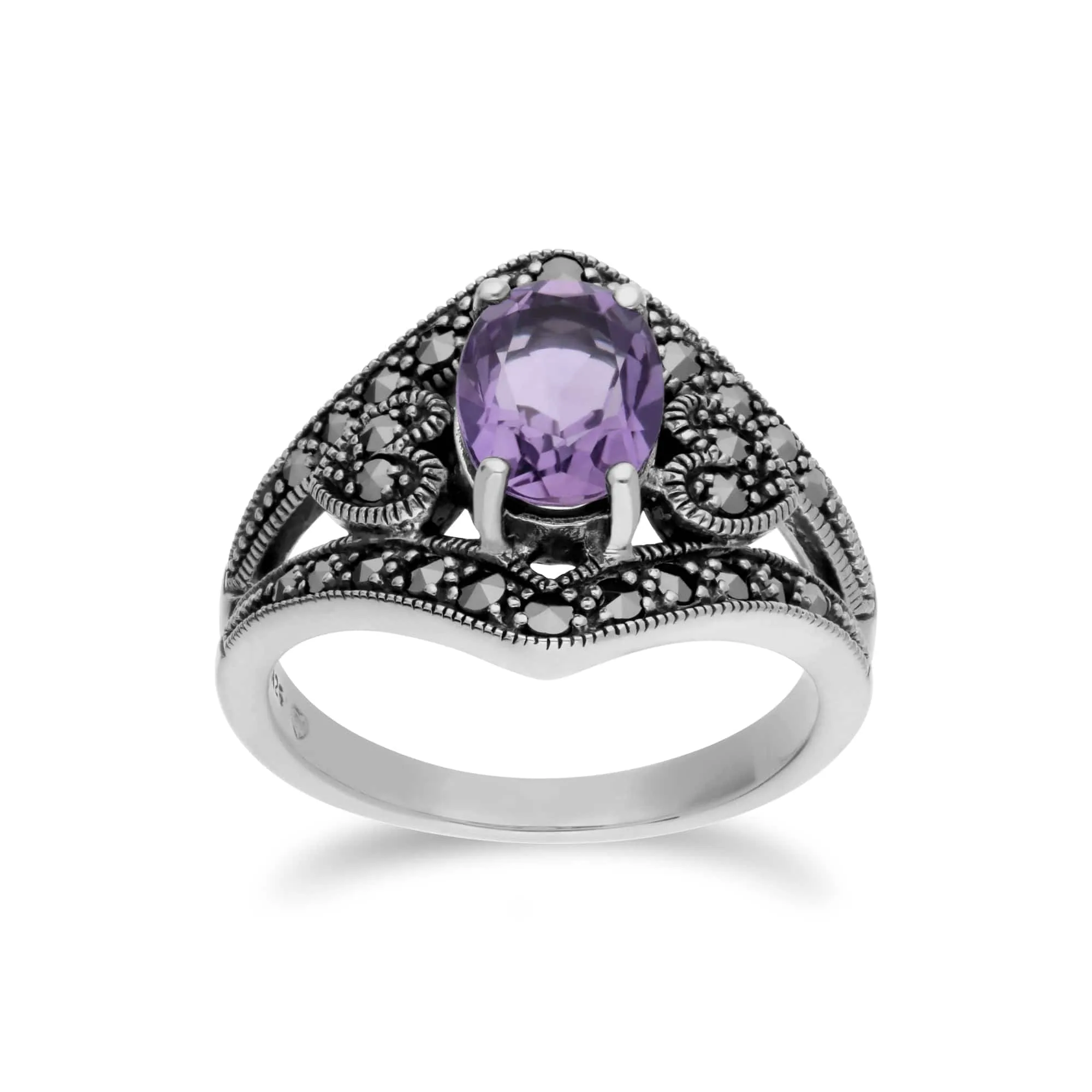Art Deco Style Oval Amethyst & Marcasite in 925 Sterling Silver sold by Gemondo Jewellery