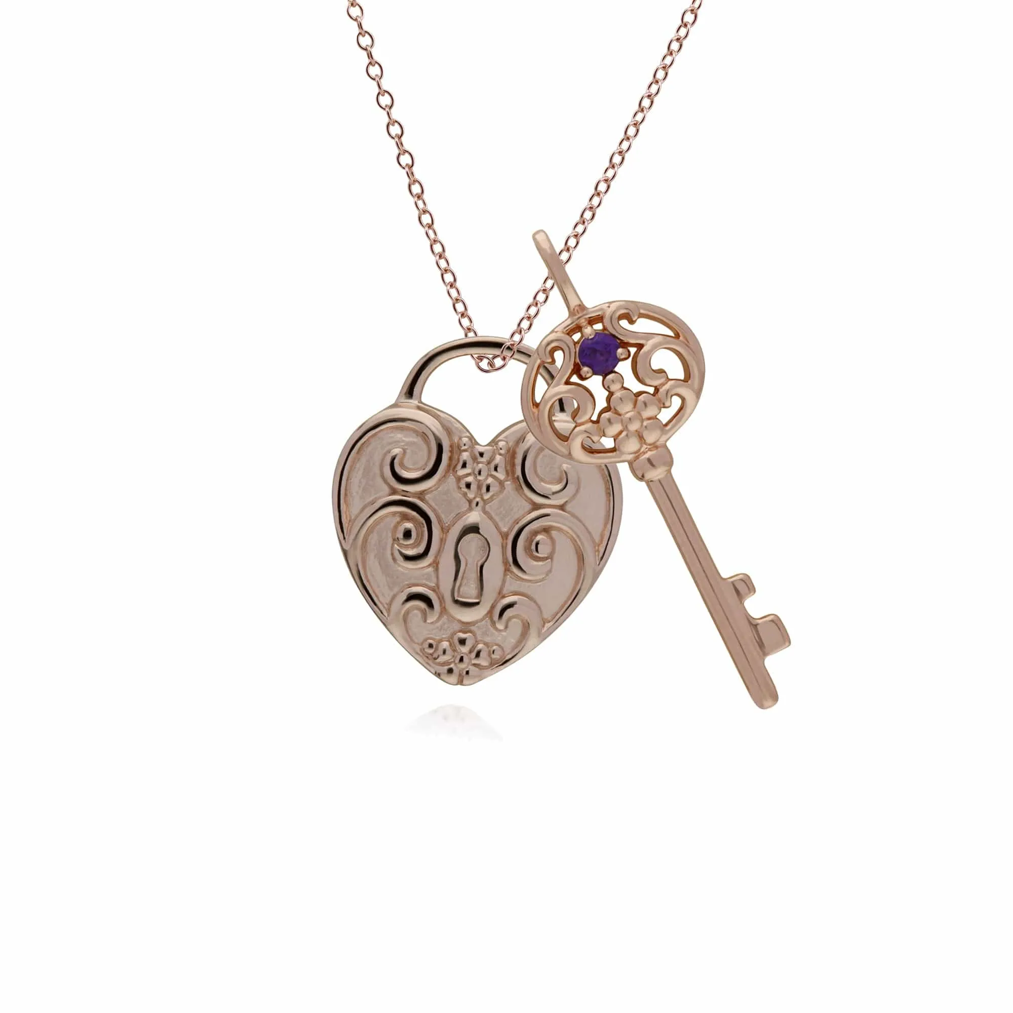 Classic Swirl Heart Lock Pendant & Amethyst Big Key Charm in Rose Gold Plated 925 Sterling Silver sold by Gemondo Jewellery