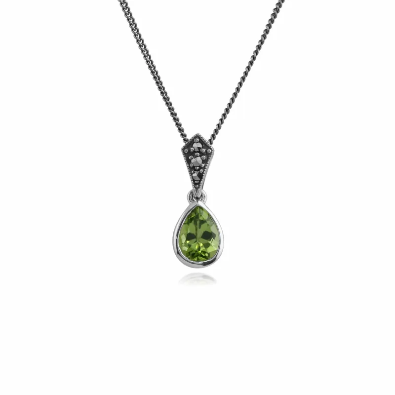 Art Deco Style Oval Pear Peridot & Marcasite Pendant in 925 Sterling Silver sold by Gemondo Jewellery