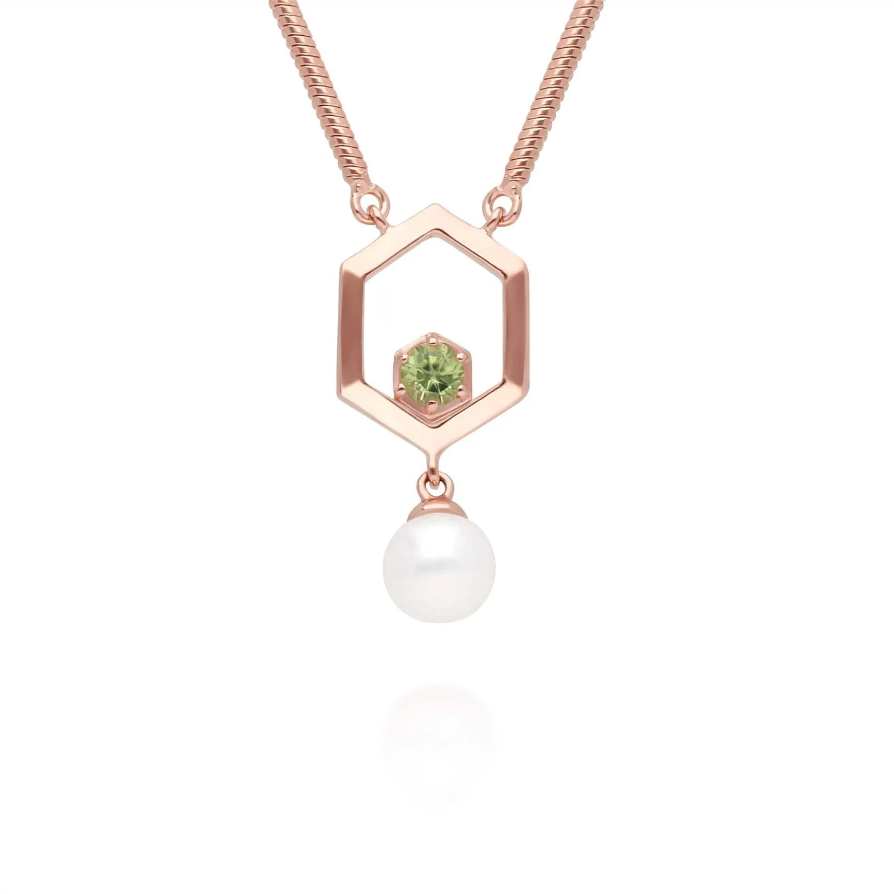 Modern Pearl & Peridot Hexagon Drop Necklace in Rose Gold Plated Silver sold by Gemondo Jewellery