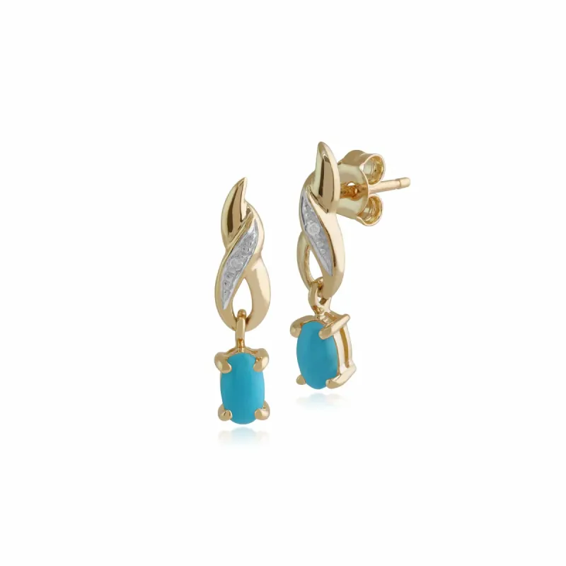 Classic Oval Turquoise & Diamond Twist Drop Earrings in 9ct Yellow Gold sold by Gemondo Jewellery