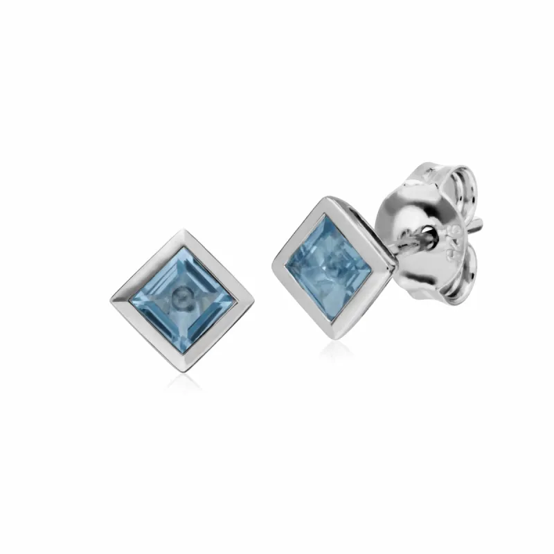 Classic Square Blue Topaz Bezel Stud Earrings in 925 Sterling Silver sold by Gemondo Jewellery