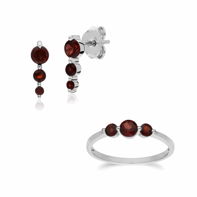 Classic Round Garnet Three Stone Gradient Earrings & Ring Set in 925 Sterling Silver sold by Gemondo Jewellery