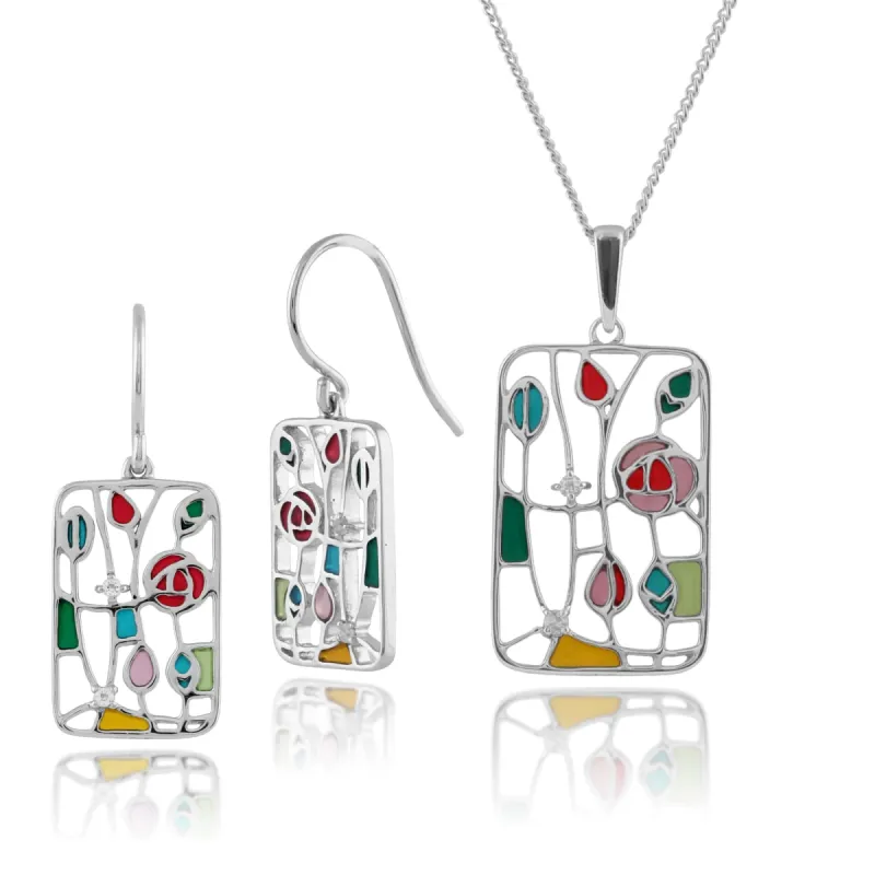 Rennie Mackintosh Inspired Inspired Round Topaz & Enamel Rose Rectangle Drop Earrings & Pendant Set in 925 Sterling Silver sold by Gemondo Jewellery