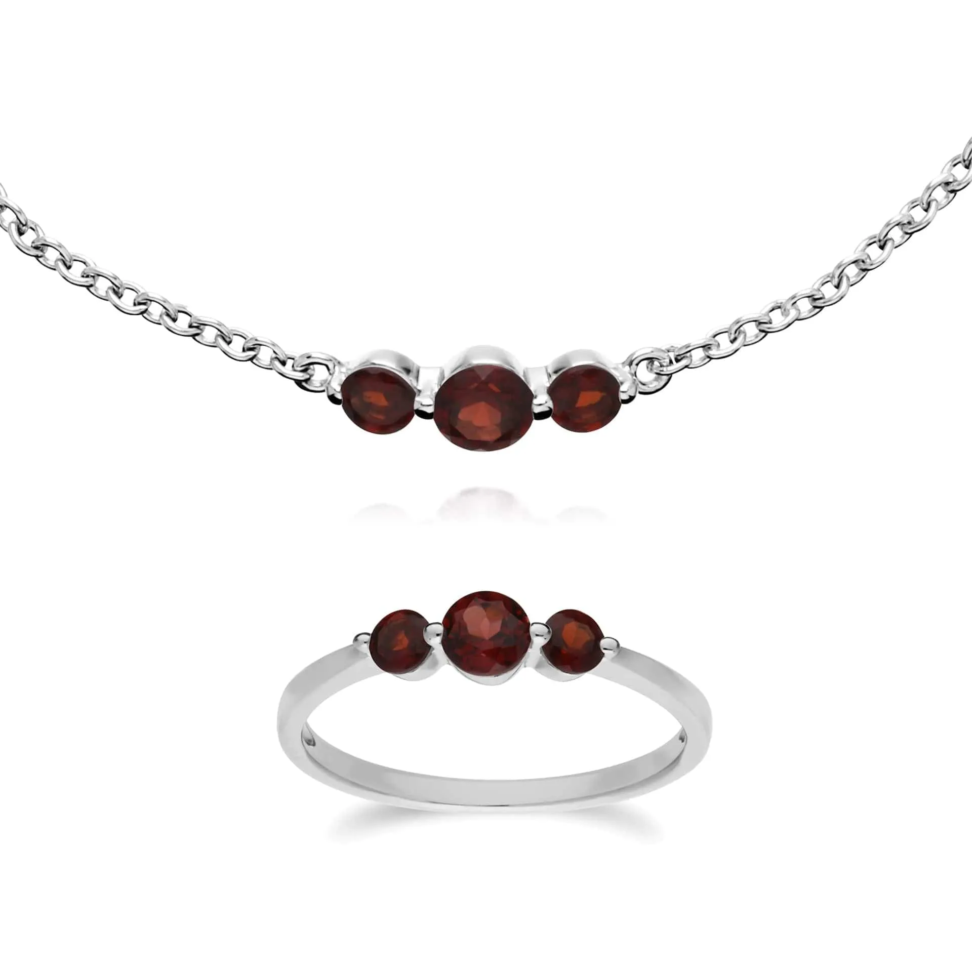 Classic Round Garnet Three Stone Bracelet & Trilogy Ring Set in 925 Sterling Silver sold by Gemondo Jewellery