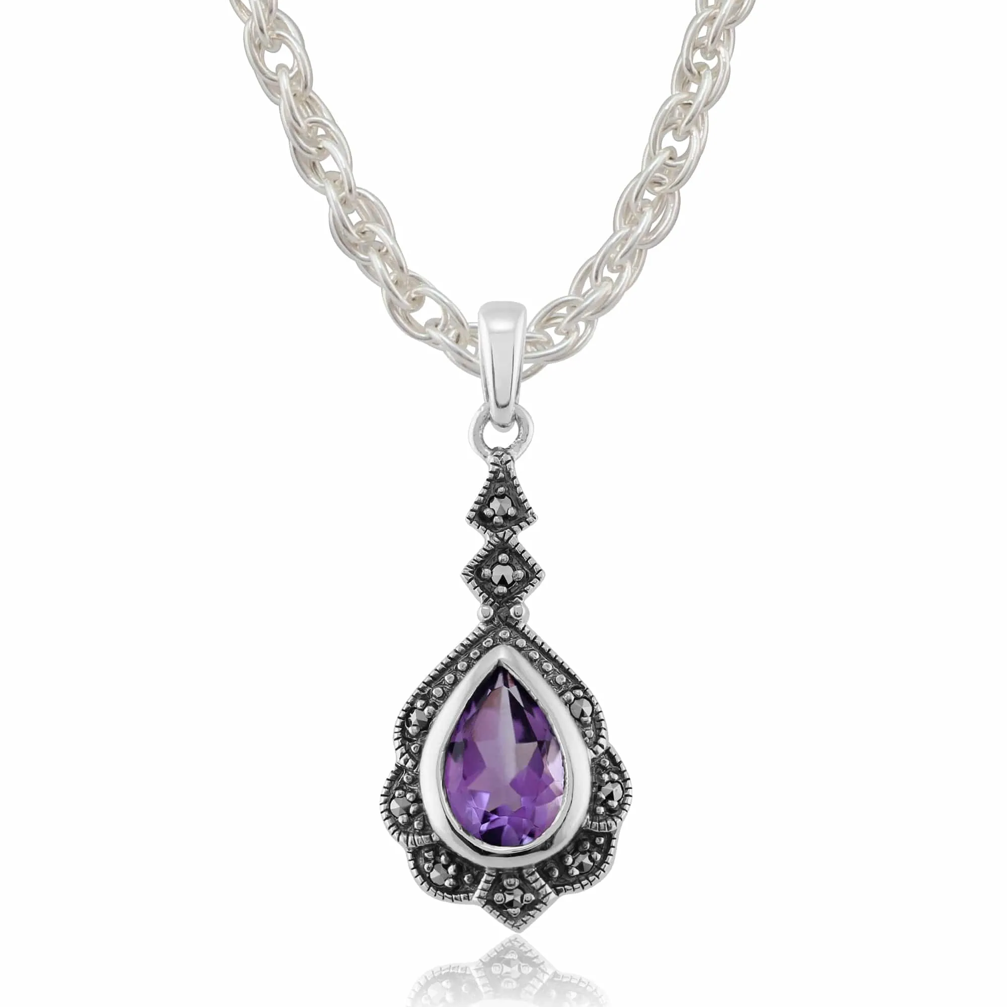 Art Nouveau Style Style Pear Amethyst & Marcasite Leaf Stud Earrings & Pendant Set in 925 Sterling Silver sold by Gemondo Jewellery product image thumbnail 4