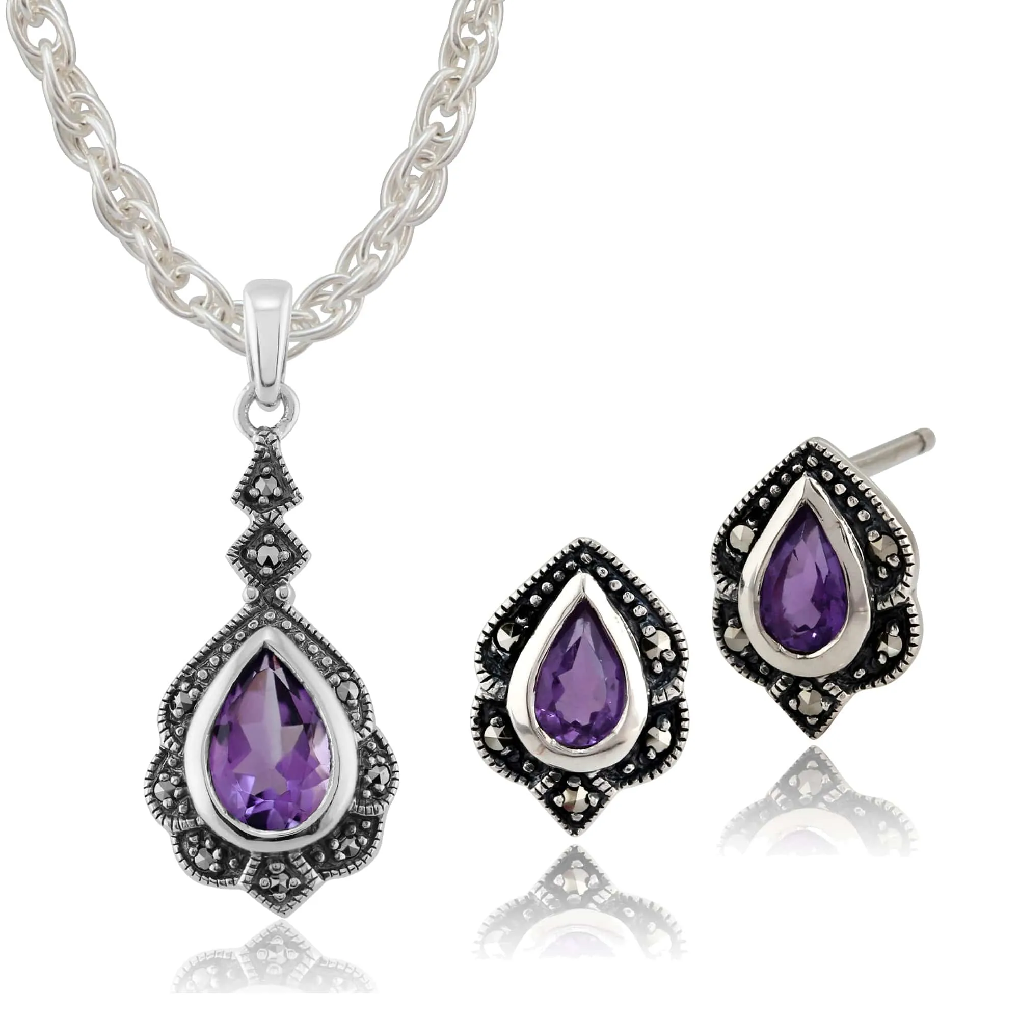 Art Nouveau Style Style Pear Amethyst & Marcasite Leaf Stud Earrings & Pendant Set in 925 Sterling Silver sold by Gemondo Jewellery