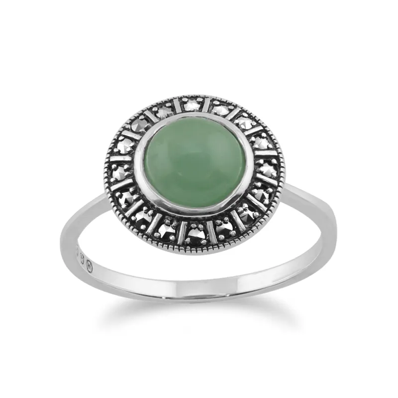 Art Deco Style Round Green Jade Cabochon & Marcasite Halo Ring in 925 Sterling Silver sold by Gemondo Jewellery