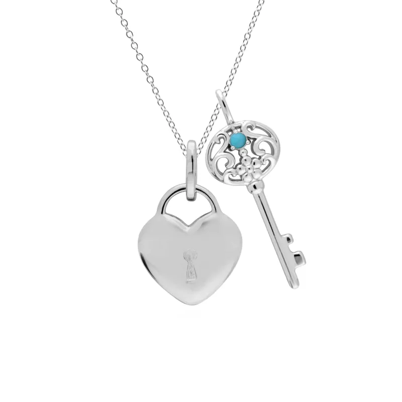 Classic Heart Lock Pendant & Turquoise Big Key Charm in 925 Sterling Silver sold by Gemondo Jewellery