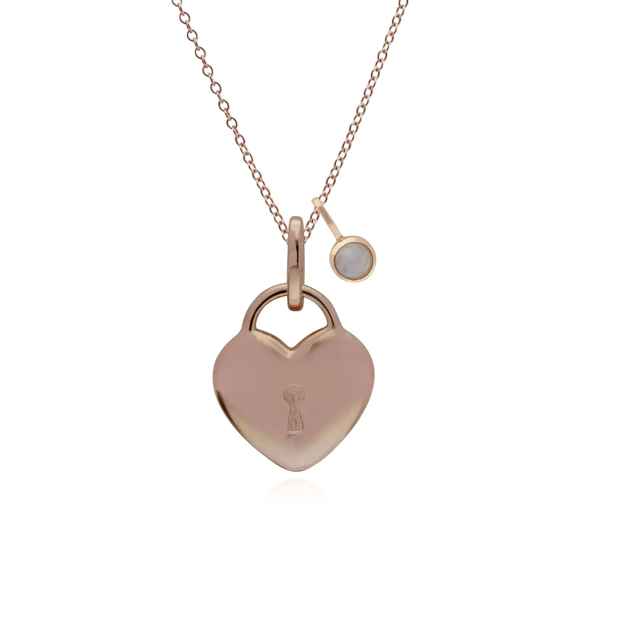 Classic Plain Heart Lock Pendant & Rainbow Moonstone Charm in Rose Gold Plated 925 Sterling Silver sold by Gemondo Jewellery