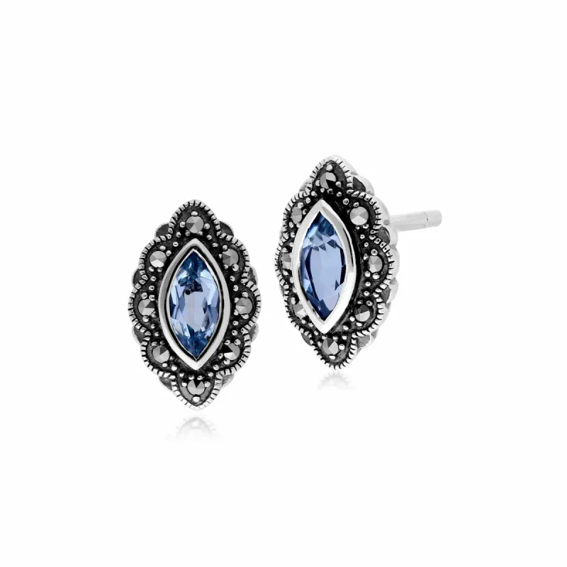 Art Nouveau Marquise Blue Topaz & Marcasite Stud Earrings in 925 Sterling Silver sold by Gemondo Jewellery