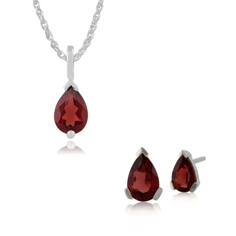 Classic Pear Garnet Stud Earrings & Pendant Set in 9ct White Gold sold by Gemondo Jewellery