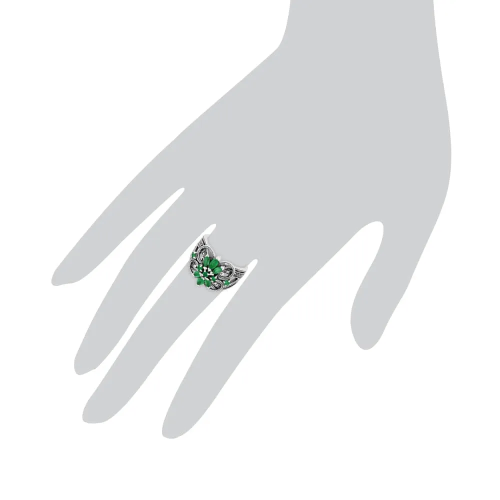 Art Nouveau Style Marquise Emerald & Marcasite Floral Silver Cocktail Ring sold by Gemondo Jewellery product image thumbnail 4