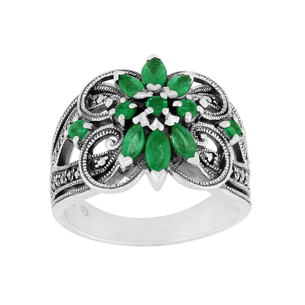 Art Nouveau Style Marquise Emerald & Marcasite Floral Silver Cocktail Ring sold by Gemondo Jewellery
